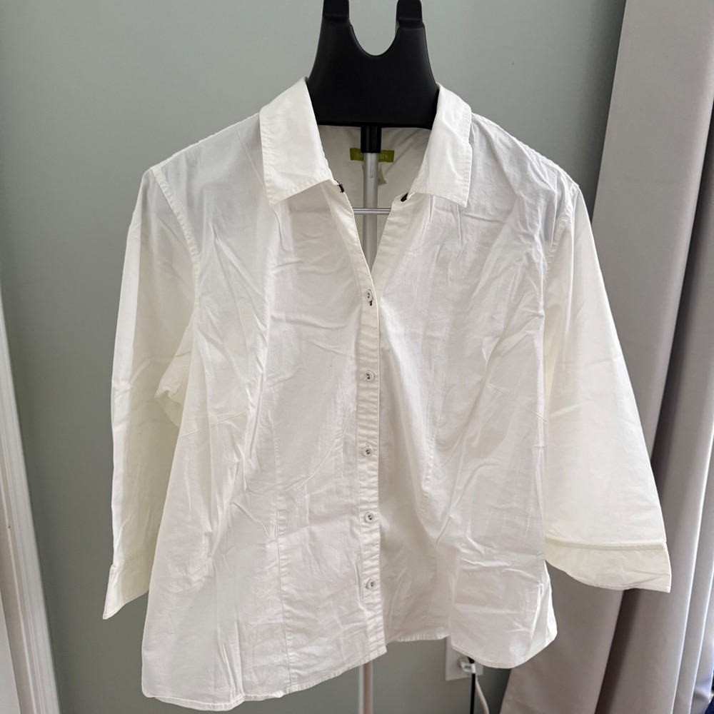 Sigrid Olsen Womens 2X White Button Front Stretch Cotton Shirt Plus Size Blouse
